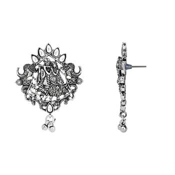 Navratri Ethnic Stylish Silver Oxidised Radha Krishna Design Long Necklace Jewellery Set  6