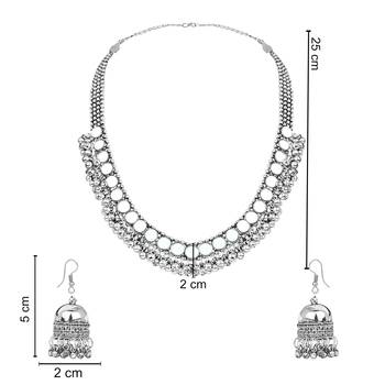 Navratri Ethnic Silver Oxidised Mirror Work Ghungroo Necklace Jewellery With Jhumka Earrings Set  5