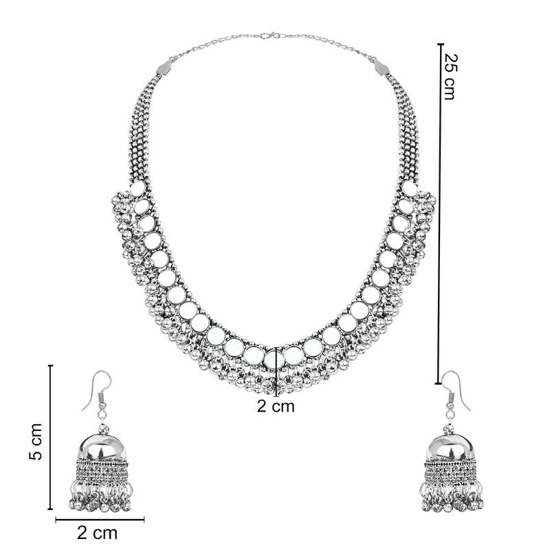 Navratri Ethnic Silver Oxidised Mirror Work Ghungroo Necklace Jewellery With Jhumka Earrings Set 