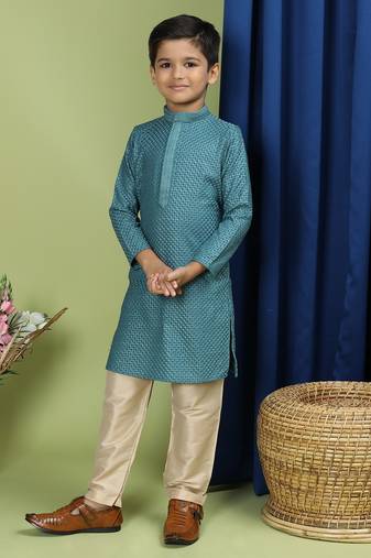 Tabard Cotton Full Sleeve Regular Fit Chikankari Embroidery Green Kurta For Kids