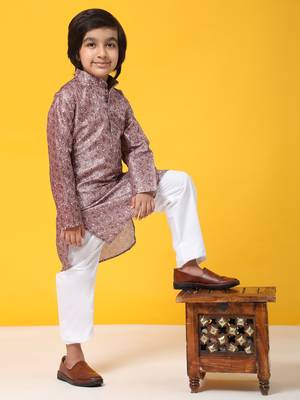 Pink jacquard silk kurta pajama set for boys ethnic wear with embellished design 1