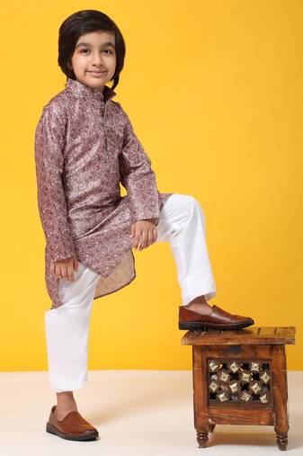 Pink jacquard silk kurta pajama set for boys ethnic wear with embellished design