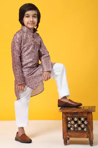 Pink jacquard silk kurta pajama set for boys ethnic wear with embellished design