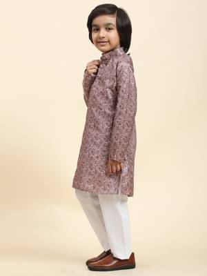Pink jacquard silk kurta pajama set for boys ethnic wear with embellished design 2