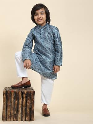 Blue jacquard silk kurta pajama set for boys ethnic wear with embellished design 1