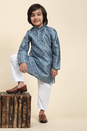 Blue jacquard silk kurta pajama set for boys ethnic wear with embellished design