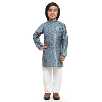 Blue jacquard silk kurta pajama set for boys ethnic wear with embellished design 2