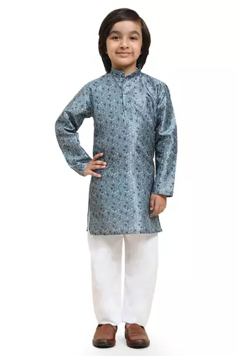 Blue jacquard silk kurta pajama set for boys ethnic wear with embellished design