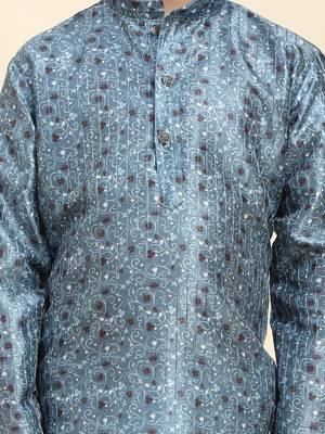 Blue jacquard silk kurta pajama set for boys ethnic wear with embellished design 3