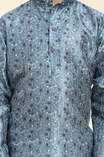 Blue jacquard silk kurta pajama set for boys ethnic wear with embellished design