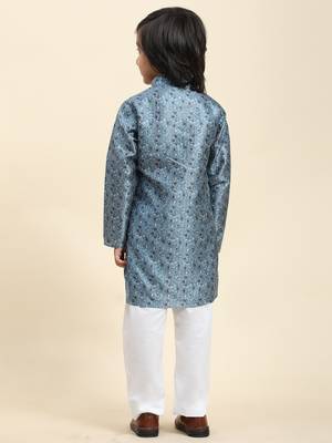 Blue jacquard silk kurta pajama set for boys ethnic wear with embellished design 5