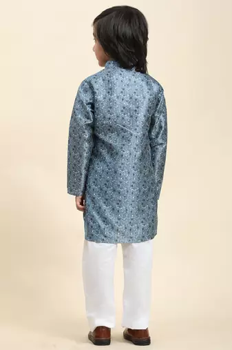 Blue jacquard silk kurta pajama set for boys ethnic wear with embellished design