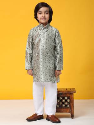 Green jacquard silk kurta pajama set for boys ethnic wear with embellished design 1