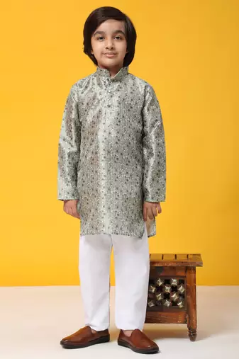 Green jacquard silk kurta pajama set for boys ethnic wear with embellished design