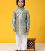 Green jacquard silk kurta pajama set for boys ethnic wear with embellished design