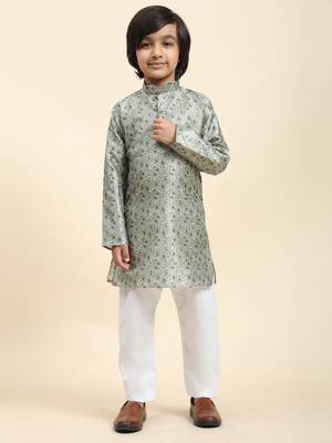Green jacquard silk kurta pajama set for boys ethnic wear with embellished design 2