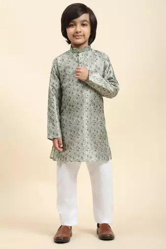 Green jacquard silk kurta pajama set for boys ethnic wear with embellished design