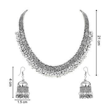 Navratri Ethnic Silver Oxidised Floral Design Ghungroo Long Necklace Jewellery With Jhumka Earrings Set MC158OX 6