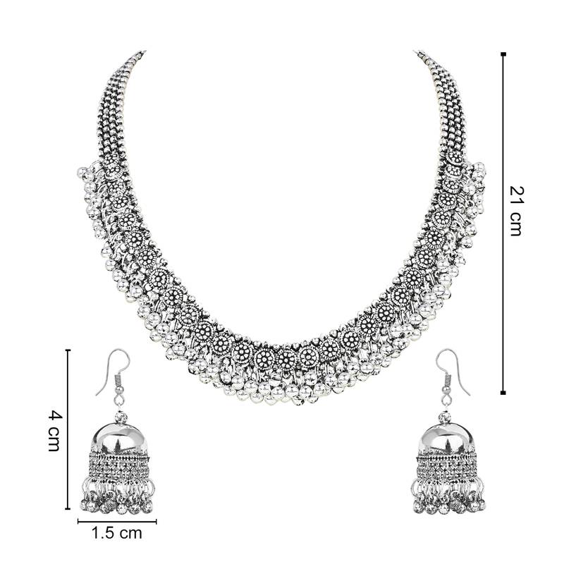 Navratri Ethnic Silver Oxidised Floral Design Ghungroo Long Necklace Jewellery With Jhumka Earrings Set MC158OX