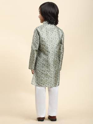 Green jacquard silk kurta pajama set for boys ethnic wear with embellished design 5