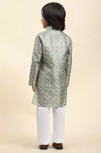 Green jacquard silk kurta pajama set for boys ethnic wear with embellished design
