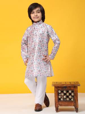 Pink jacquard silk kurta pajama set for boys ethnic wear 1