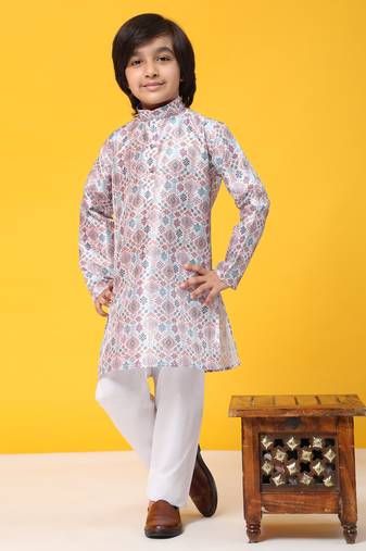 Pink jacquard silk kurta pajama set for boys ethnic wear