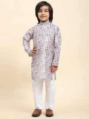 Pink jacquard silk kurta pajama set for boys ethnic wear 2