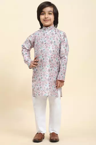 Pink jacquard silk kurta pajama set for boys ethnic wear