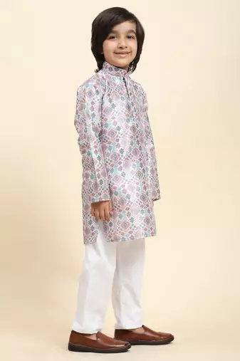 Pink jacquard silk kurta pajama set for boys ethnic wear