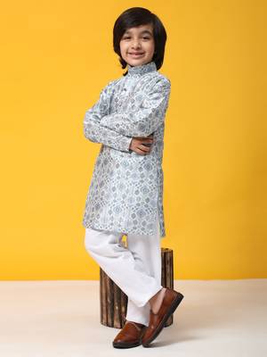 Blue jacquard silk kurta pajama set for boys ethnic wear 1