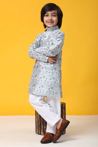 Blue jacquard silk kurta pajama set for boys ethnic wear