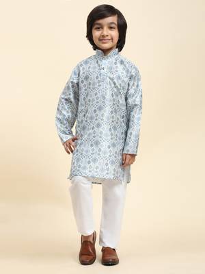 Blue jacquard silk kurta pajama set for boys ethnic wear 2