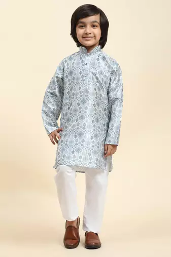 Blue jacquard silk kurta pajama set for boys ethnic wear