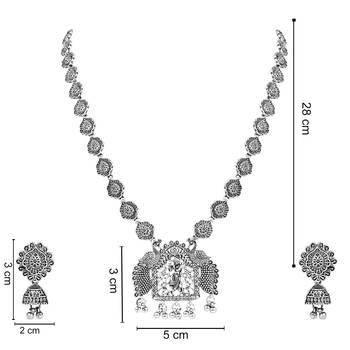 Navratri Ethnic Silver Oxidised Peacock Design Long Necklace Jewellery With Jhumka Earrings Set  5