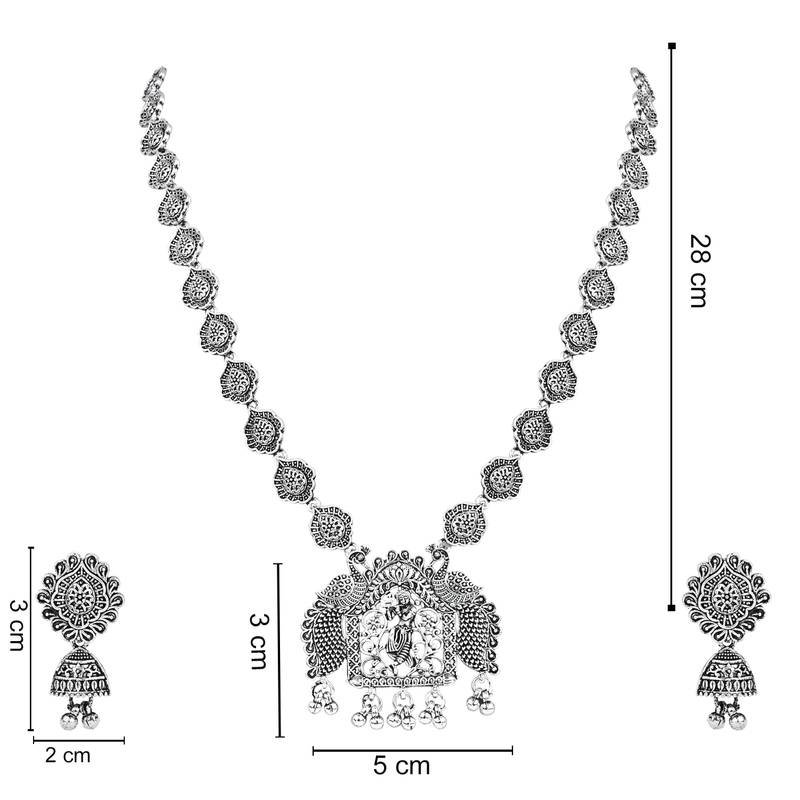 Navratri Ethnic Silver Oxidised Peacock Design Long Necklace Jewellery With Jhumka Earrings Set 