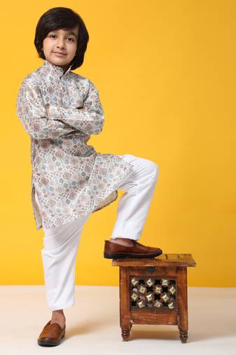 Orange jacquard silk kurta pajama set for boys ethnic wear