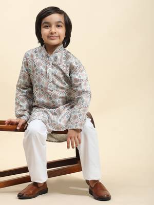 Orange jacquard silk kurta pajama set for boys ethnic wear 2