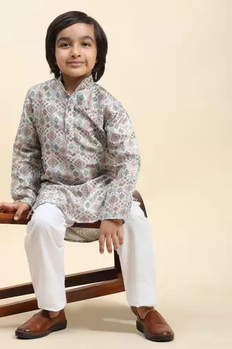 Orange jacquard silk kurta pajama set for boys ethnic wear