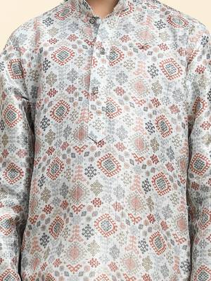 Orange jacquard silk kurta pajama set for boys ethnic wear 3