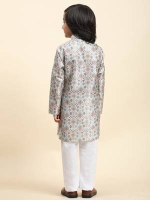 Orange jacquard silk kurta pajama set for boys ethnic wear 4