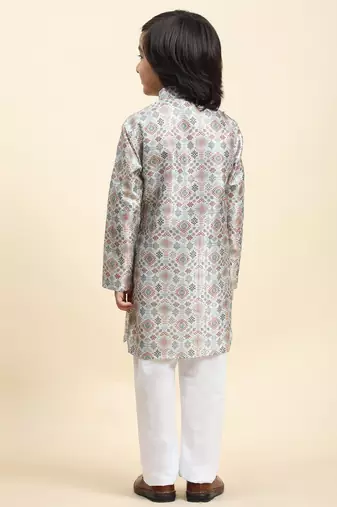 Orange jacquard silk kurta pajama set for boys ethnic wear