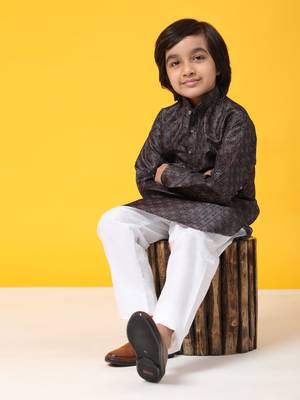 Navy blue jacquard silk kurta pajama set for boys kids ethnic wear with embellished design 1