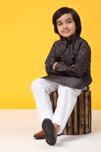 Navy blue jacquard silk kurta pajama set for boys kids ethnic wear with embellished design
