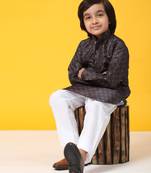 Navy blue jacquard silk kurta pajama set for boys kids ethnic wear with embellished design