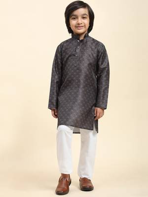 Navy blue jacquard silk kurta pajama set for boys kids ethnic wear with embellished design 2