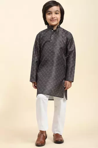 Navy blue jacquard silk kurta pajama set for boys kids ethnic wear with embellished design