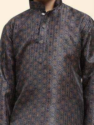 Navy blue jacquard silk kurta pajama set for boys kids ethnic wear with embellished design 3