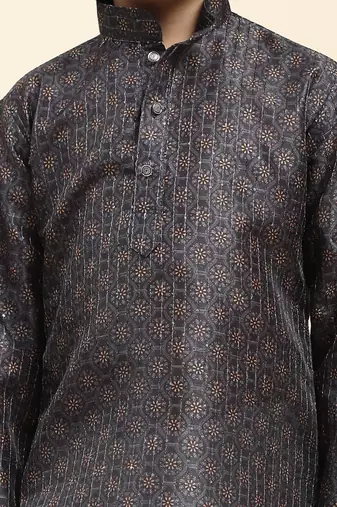 Navy blue jacquard silk kurta pajama set for boys kids ethnic wear with embellished design