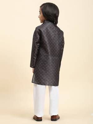 Navy blue jacquard silk kurta pajama set for boys kids ethnic wear with embellished design 4